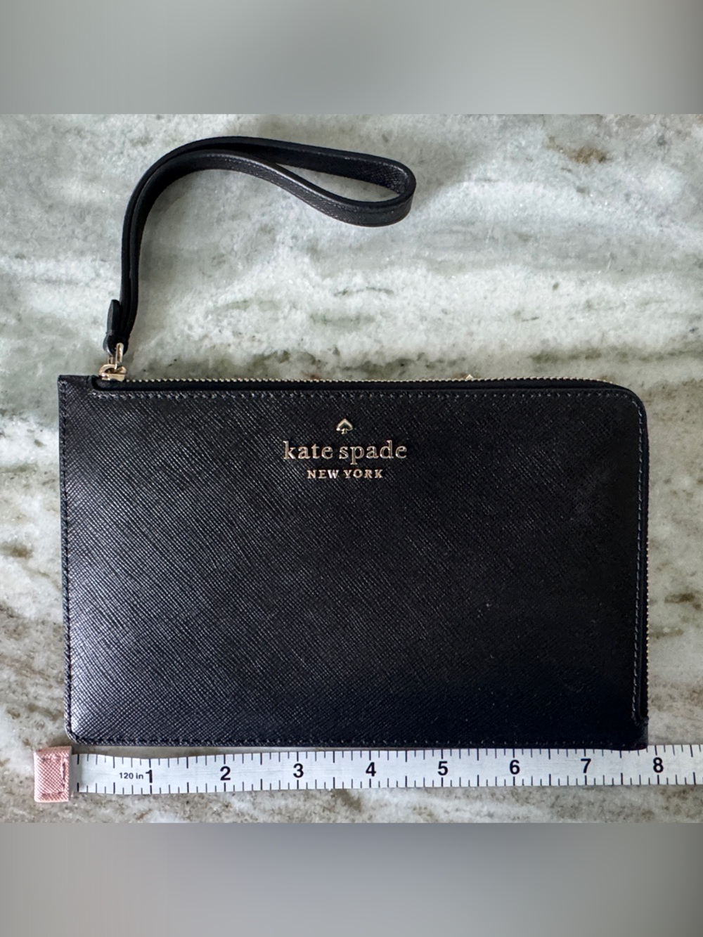 kate spade Black Leather Wristlet Pouch with Gold Logo never used